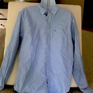 Tommy Hilfiger men’s casual button down shirt, blue, and white striped